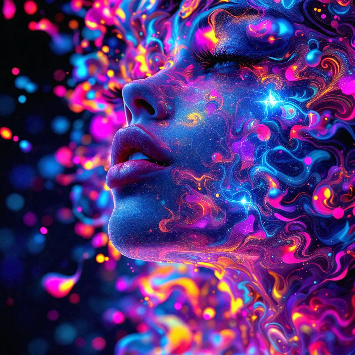 The primary subject of the image is a woman with a colorful, swirling background. The setting is a space with a colorful, swirling background, which adds to the overall atmosphere. The visual style of the image is digital art, as it appears to be a digital illustration or painting. The colors and mood of the image are vibrant and lively, with the woman's face and the swirling background being the main focus of the image.